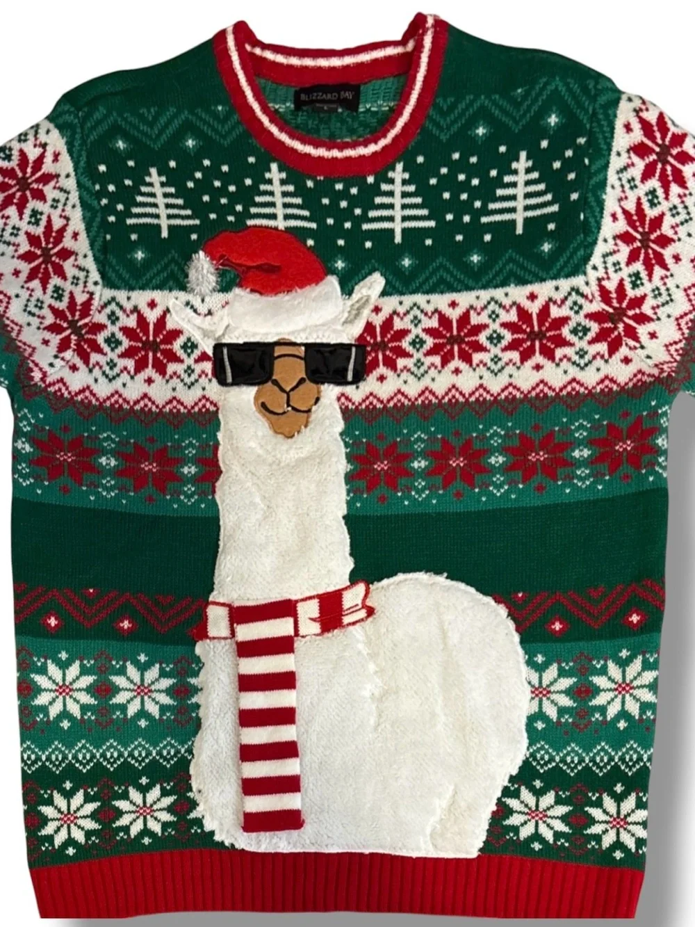 Ugly Christmas Green Sweater Blizzard Bay Llama In Sunglasses Scarf Unisex Sz L